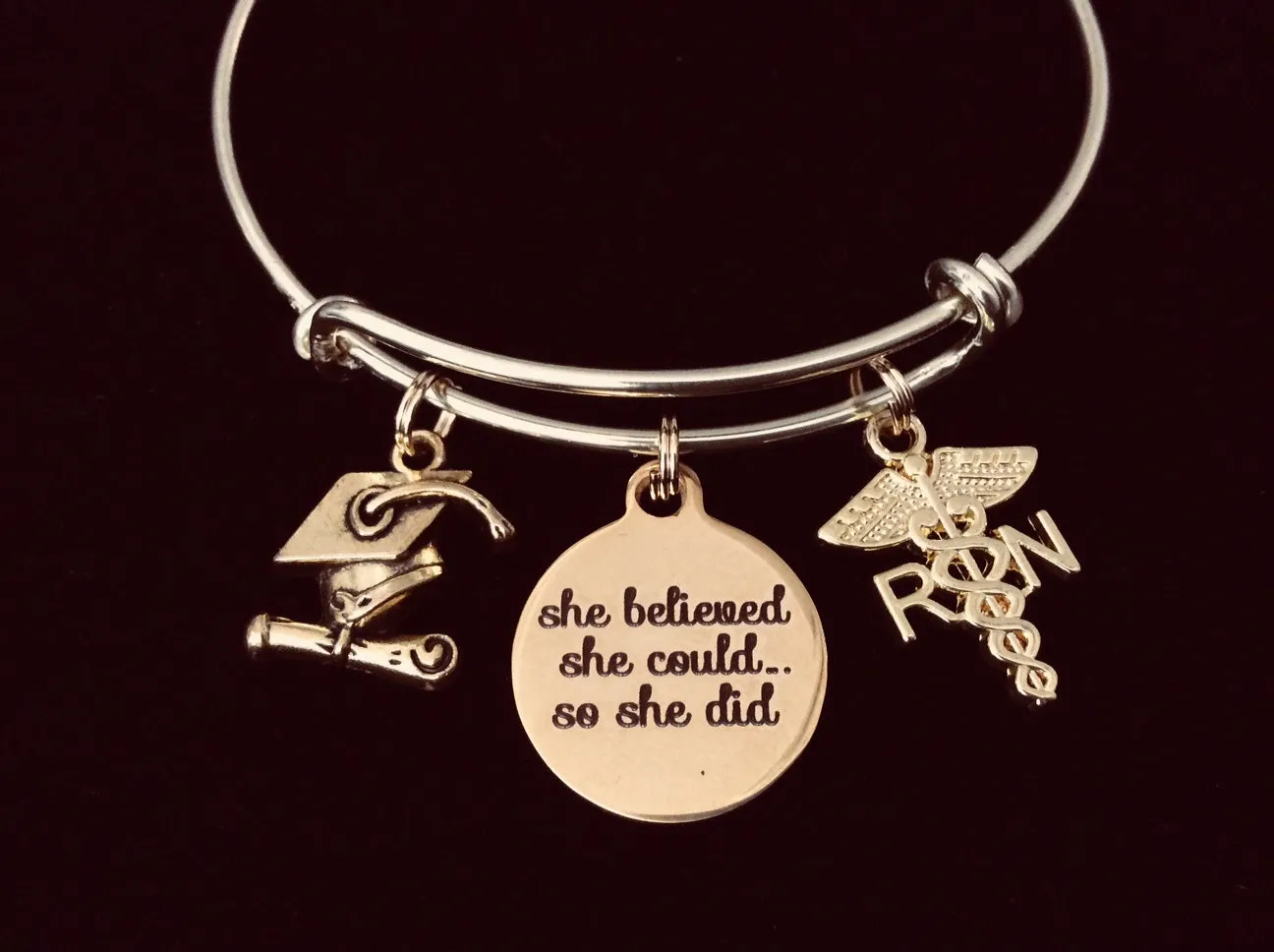 Gold Graduating RN Nurse She Believed Expandable Charm Bracelet Adjustable Bangle Gift