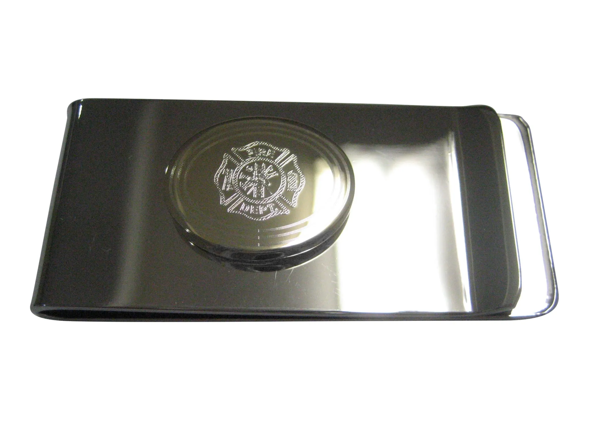 Gold Toned Etched Oval Fire Fighter Emblem Money Clip
