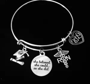 Graduating RN Gift Nurse She Believed She Could So She Did Silver Expandable Charm Bracelet Adjustable Bangle Gift
