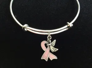 Guardian Angel Pink Awareness Ribbon Expandable Charm Bracelet Adjustable Bangle Meaningful Gift Breast Cancer (Other Awareness Ribbons Available)