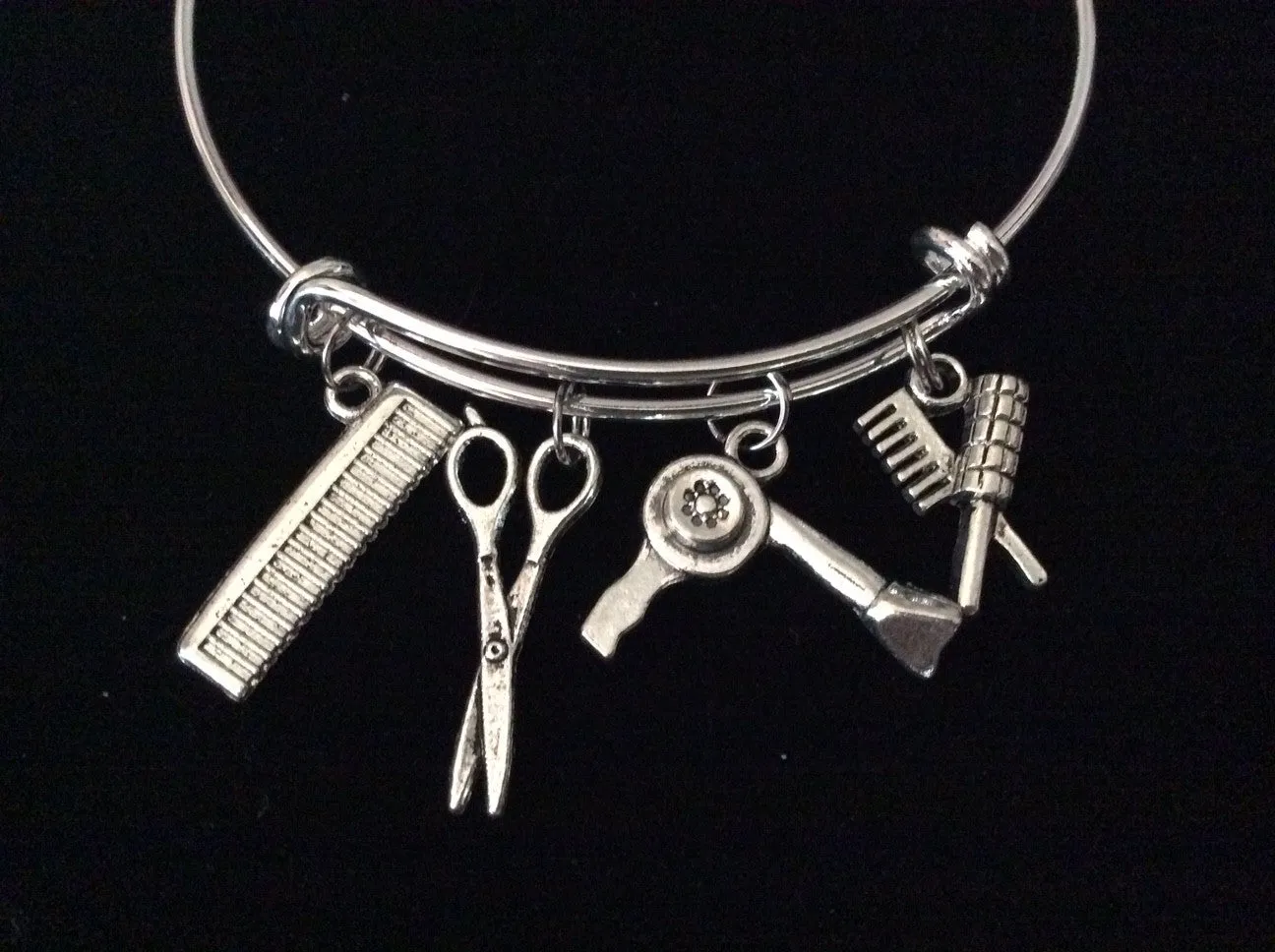 Hair Stylist Charm Bangle Scissors, Blow Dryer, Comb, Brush on a Silver Expandable Adjustable Bangle Bracelet Trendy Stacking Handmade Gift