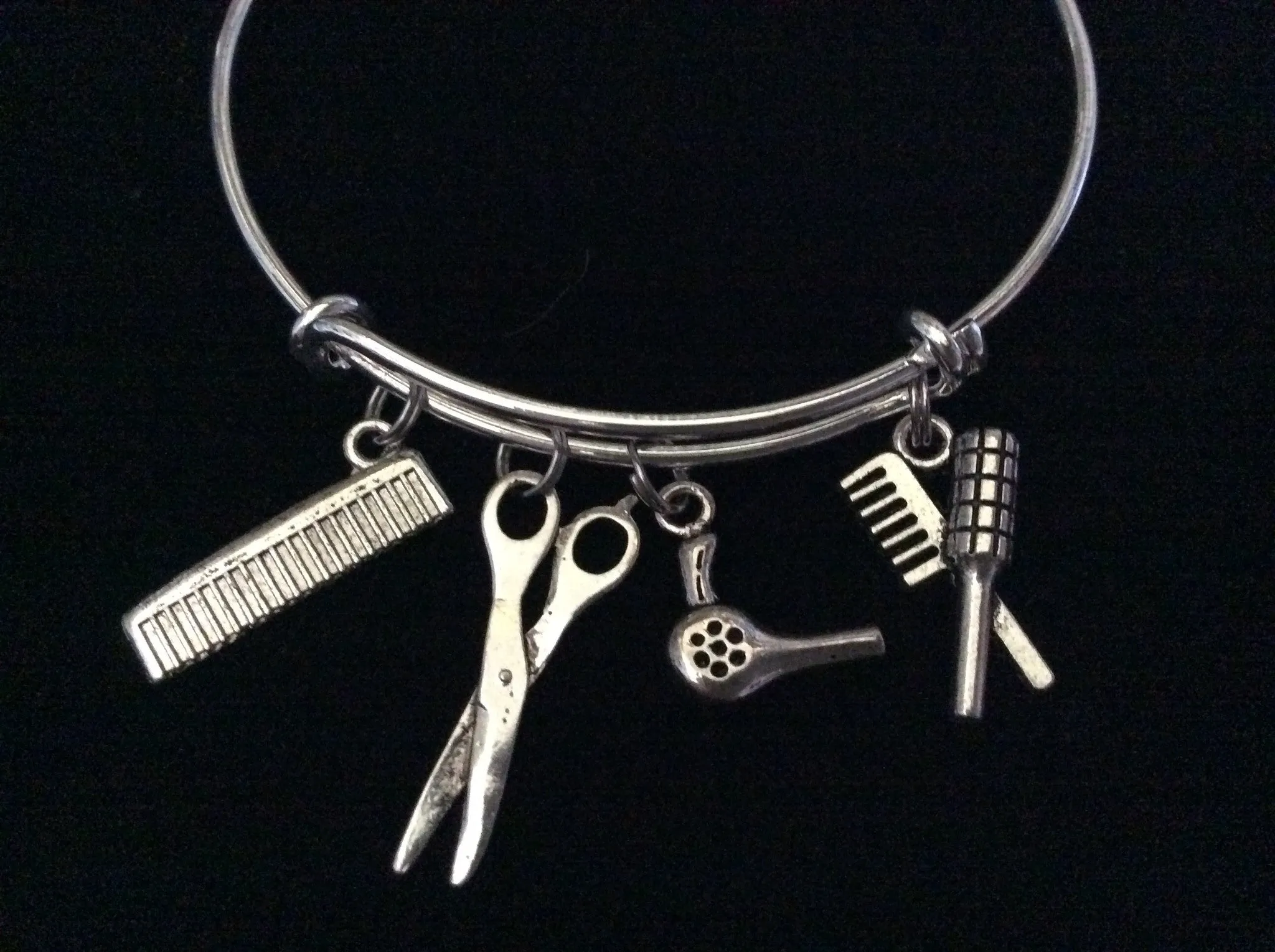 Hair Stylist Charm Bangle Scissors, Blow Dryer, Comb, Brush on a Silver Expandable Adjustable Bangle Bracelet Trendy Stacking Handmade Gift