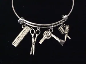 Hair Stylist Charm Bangle Scissors, Blow Dryer, Comb, Brush on a Silver Expandable Adjustable Bangle Bracelet Trendy Stacking Handmade Gift