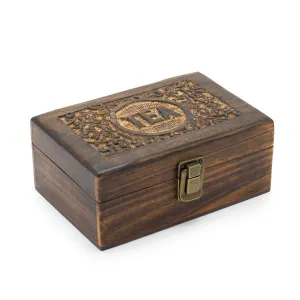 Handcrafted Mango Wood Tea Storage Box with Floral Carvings and 6 Compartments - Elegant Dark Finish with Secure Brass Clasp