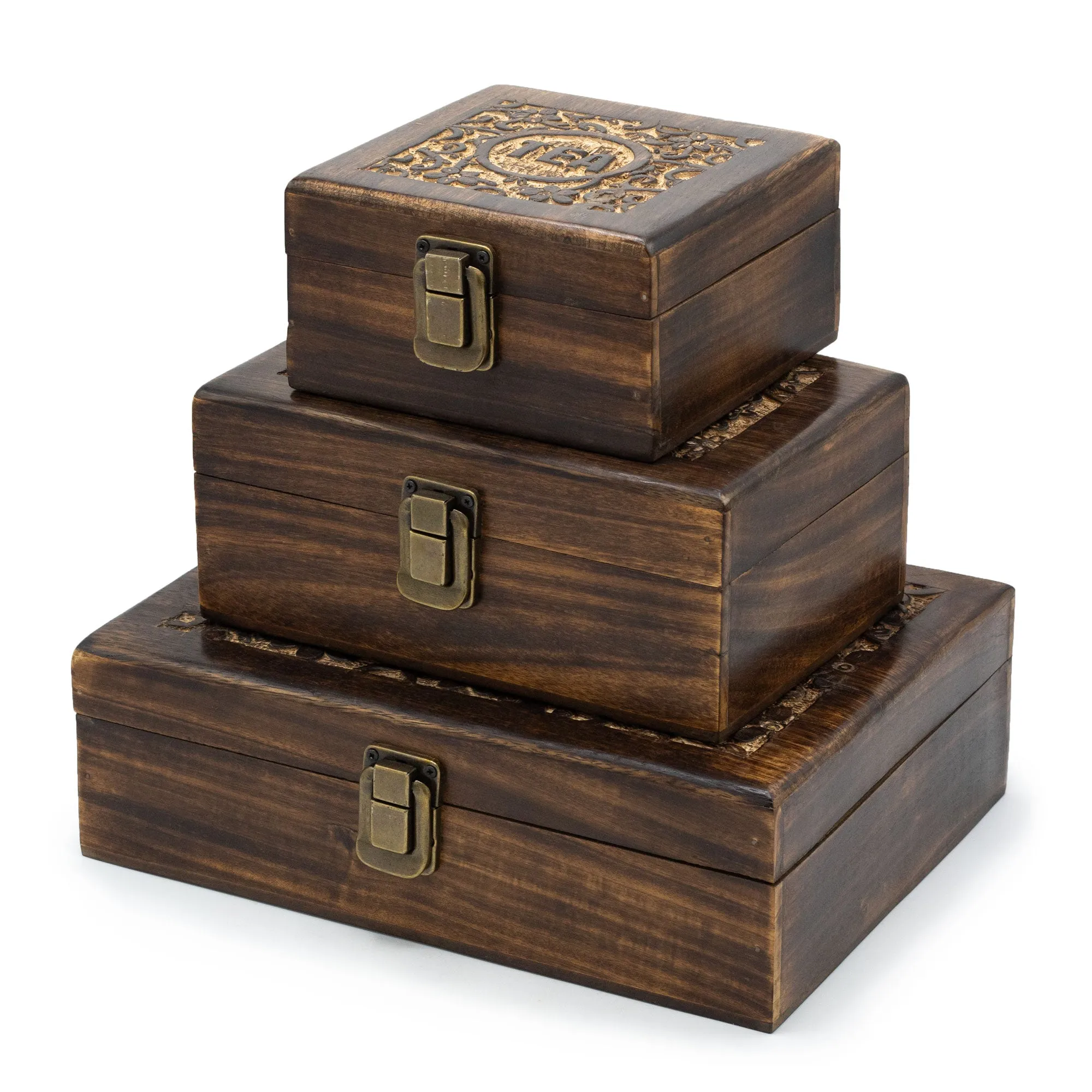 Handcrafted Mango Wood Tea Storage Box with Floral Carvings and 6 Compartments - Elegant Dark Finish with Secure Brass Clasp