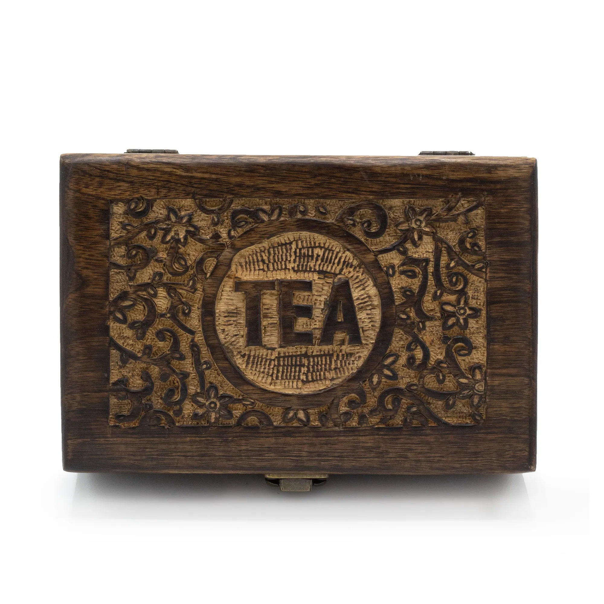 Handcrafted Mango Wood Tea Storage Box with Floral Carvings and 6 Compartments - Elegant Dark Finish with Secure Brass Clasp