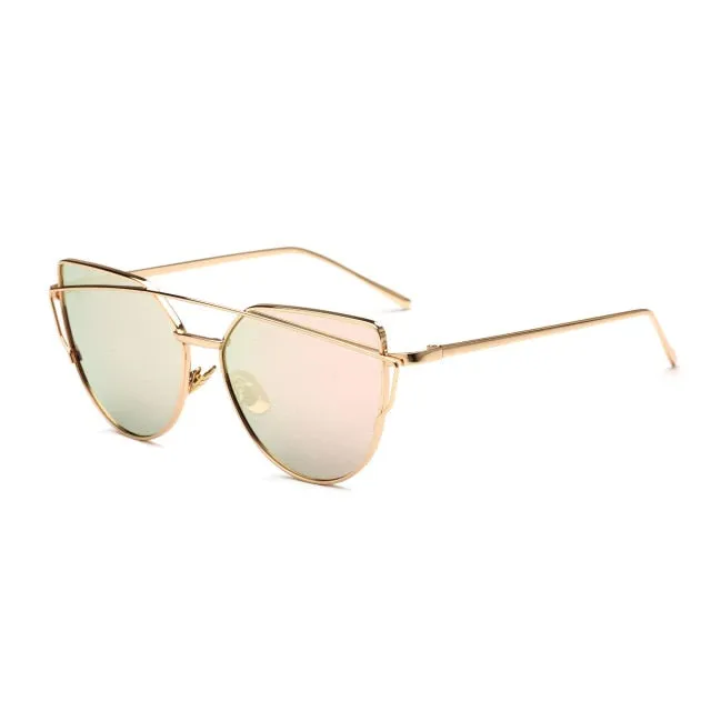 HJYBBSN Twin-Beams Cat Eye Sunglasses Women Luxury Brand Design Metal Gold Frame Retro Classic Sun Glasses Bright Colorful Lens