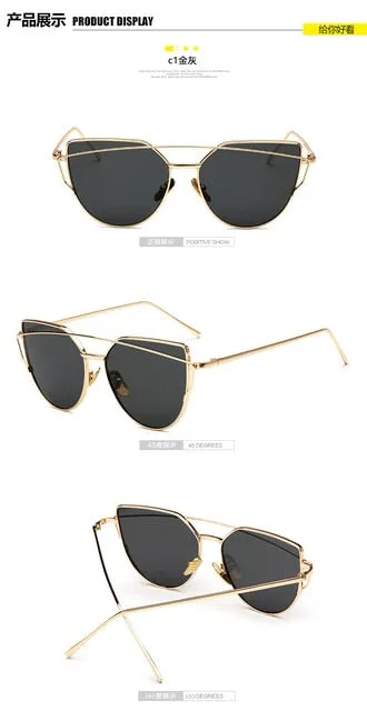 HJYBBSN Twin-Beams Cat Eye Sunglasses Women Luxury Brand Design Metal Gold Frame Retro Classic Sun Glasses Bright Colorful Lens