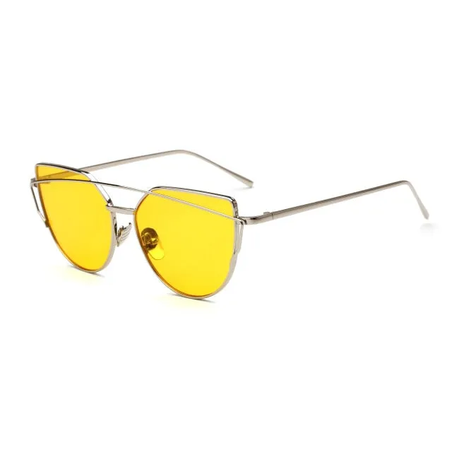 HJYBBSN Twin-Beams Cat Eye Sunglasses Women Luxury Brand Design Metal Gold Frame Retro Classic Sun Glasses Bright Colorful Lens
