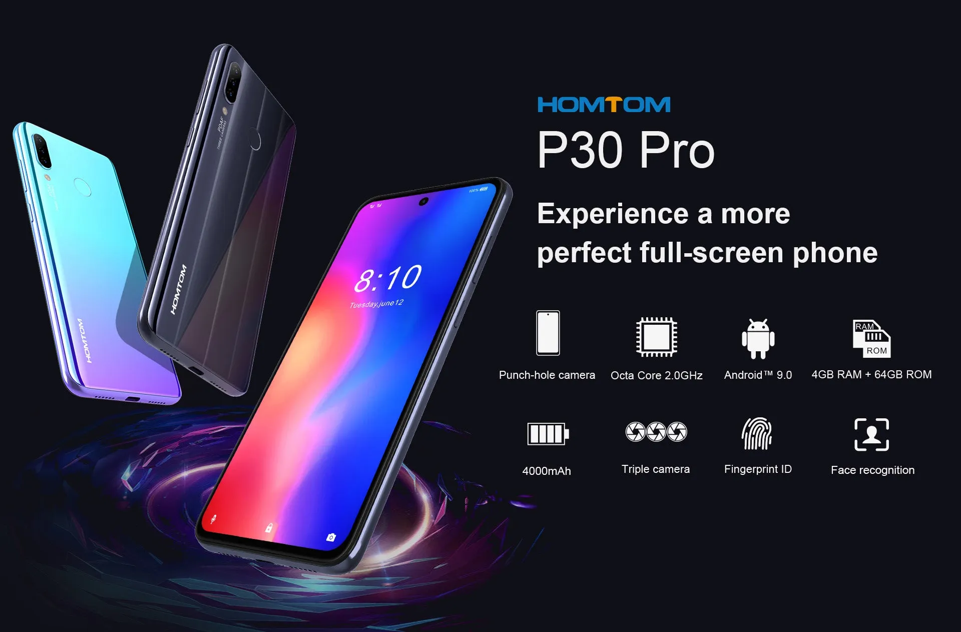 HOMTOM P30 Pro 4GB 64GB 4000mAh 6.41 Inch Android 9.0 Glass Case Mobile Phone Face ID 13MP MT6763 Octa Core 4G FDD-LTE Smartphone black