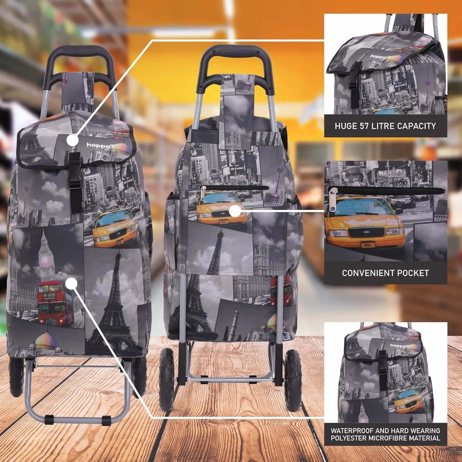 Hoppa 57Ltr Lightweight Shopping Trolley 2024 model, Hard Wearing & Foldaway Push/Pull Cart for Easy Storage With 1 Year Guarantee (Cities)