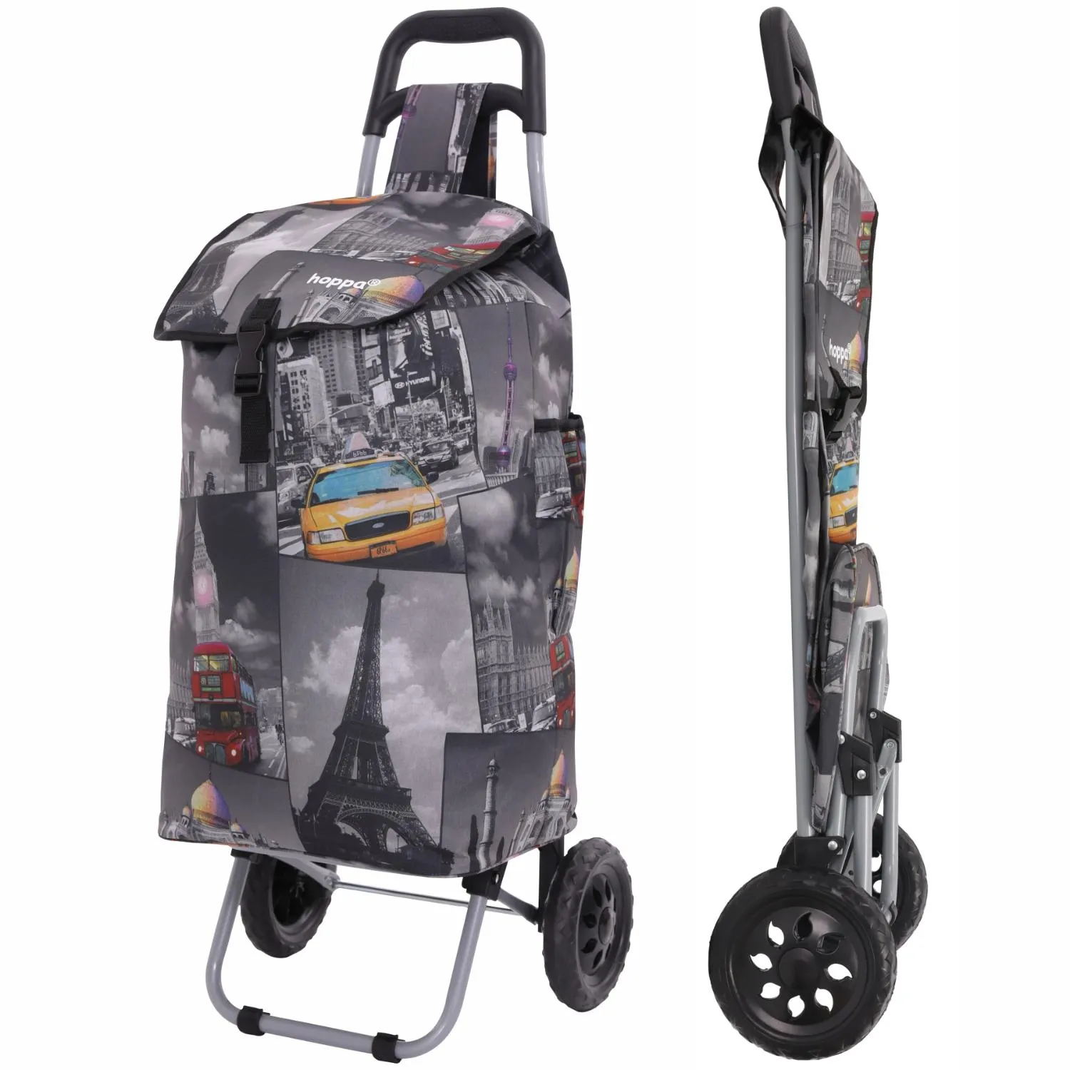 Hoppa 57Ltr Lightweight Shopping Trolley 2024 model, Hard Wearing & Foldaway Push/Pull Cart for Easy Storage With 1 Year Guarantee (Cities)