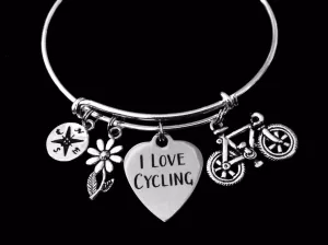 I Love Cycling Jewelry Bicycle Compass Daisy Silver Expandable Charm Bracelet Adjustable Wire Bangle One Size Fits All Gift