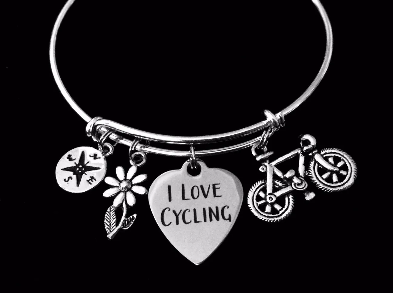 I Love Cycling Jewelry Bicycle Compass Daisy Silver Expandable Charm Bracelet Adjustable Wire Bangle One Size Fits All Gift