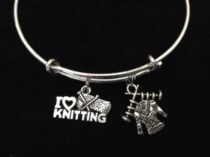 I Love Knitting with Sweater Silver Charm Bracelet Expandable Adjustable Wire Bangle Trendy Stacking Gift Inspired Handmade