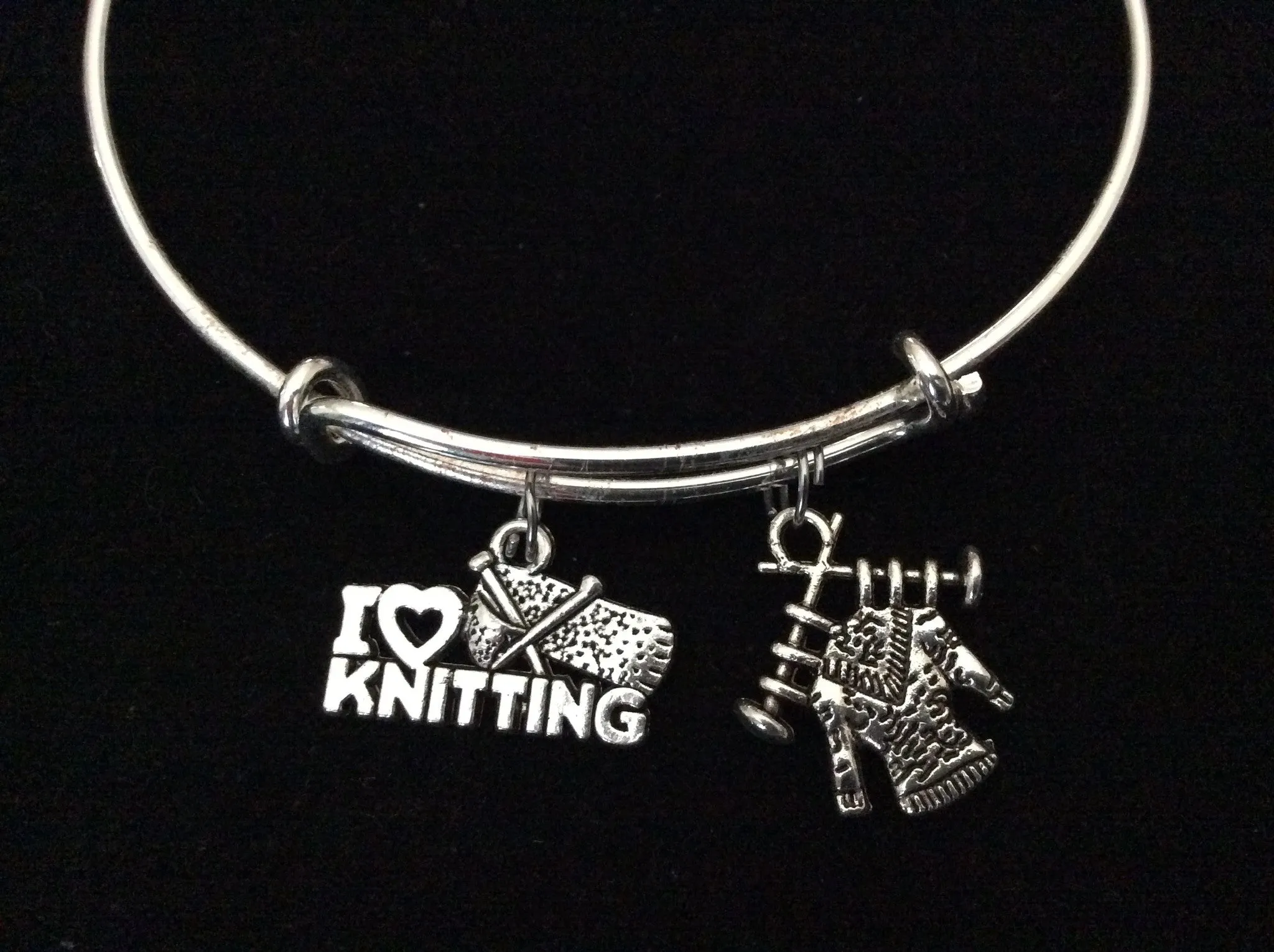 I Love Knitting with Sweater Silver Charm Bracelet Expandable Adjustable Wire Bangle Trendy Stacking Gift Inspired Handmade