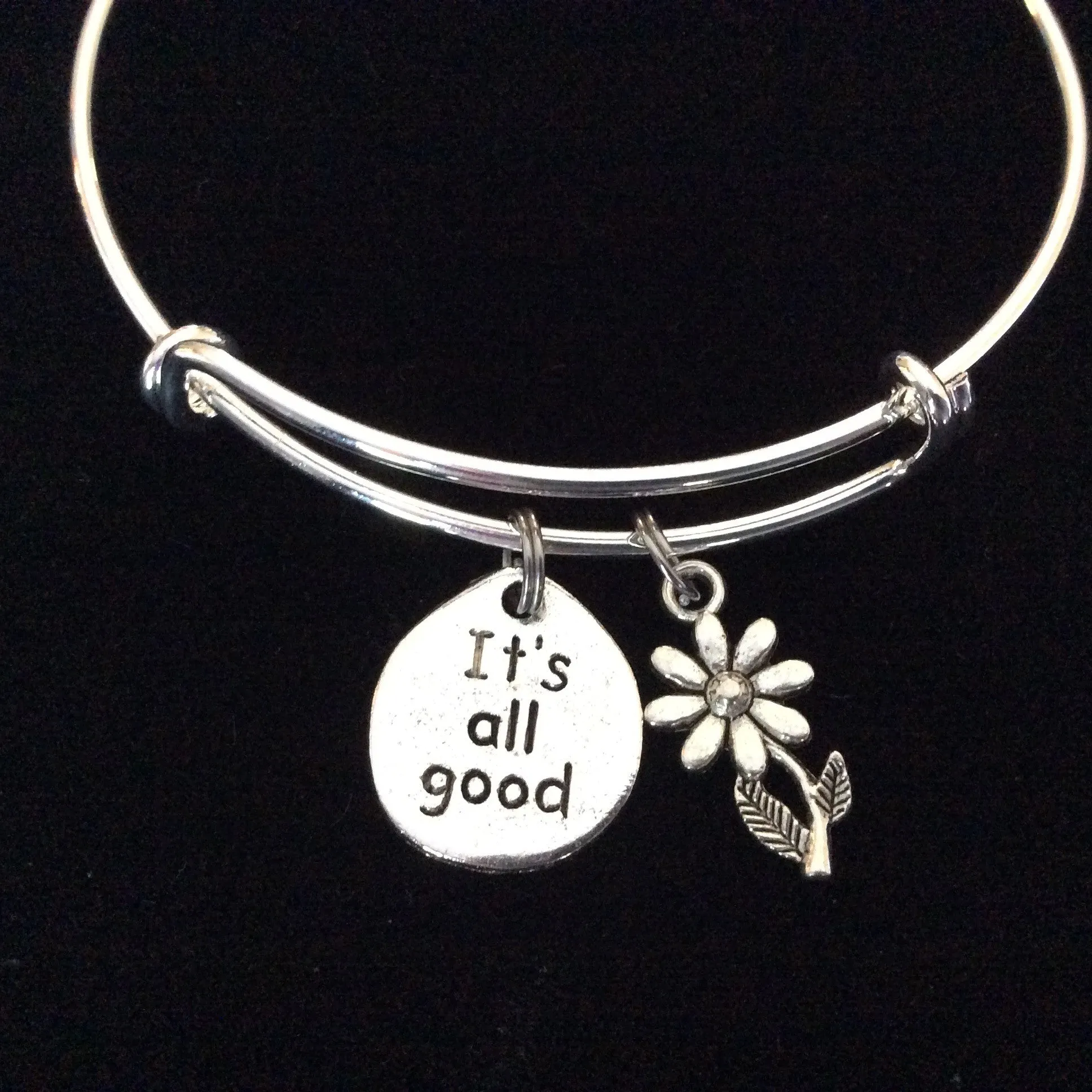 It's All Good with Daisy Charm Silver Bangle Bracelet Adjustable Expandable Inspirational Meaningful Gift