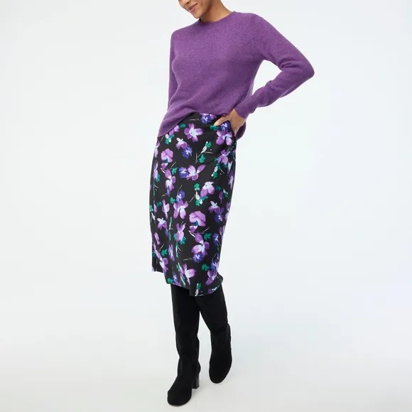 J. Crew Satin Midi Skirt Floral Printed Bias Slip A-Line Elastic Waist Band