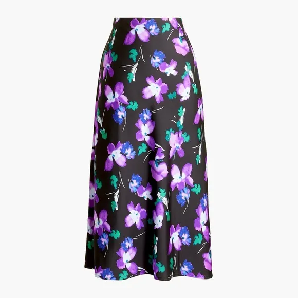 J. Crew Satin Midi Skirt Floral Printed Bias Slip A-Line Elastic Waist Band