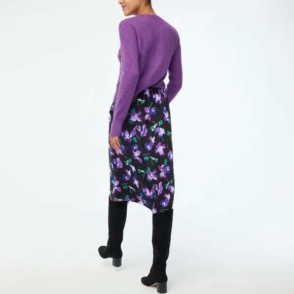 J. Crew Satin Midi Skirt Floral Printed Bias Slip A-Line Elastic Waist Band