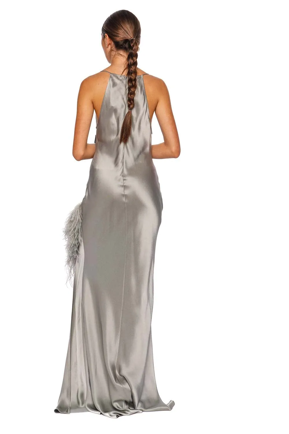 Jade Feather Trim Satin Halter Gown