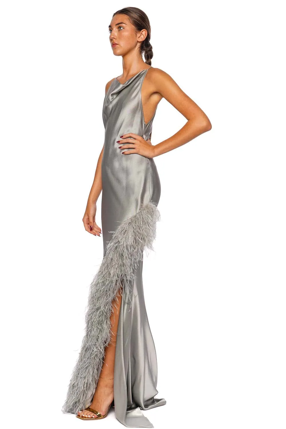 Jade Feather Trim Satin Halter Gown
