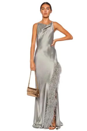 Jade Feather Trim Satin Halter Gown