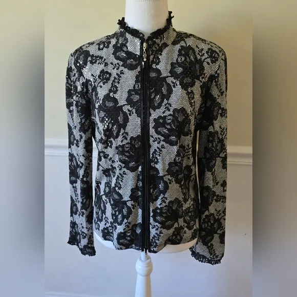 Joseph Ribkoff Jacket Size 10 Black Lace Brocade Sparkle Zip Up Blazer Top NWT