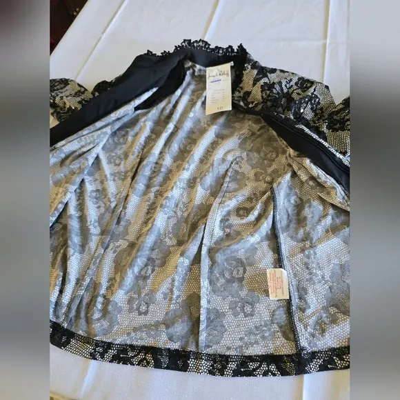 Joseph Ribkoff Jacket Size 10 Black Lace Brocade Sparkle Zip Up Blazer Top NWT