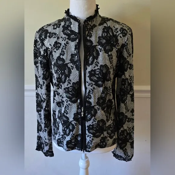 Joseph Ribkoff Jacket Size 10 Black Lace Brocade Sparkle Zip Up Blazer Top NWT