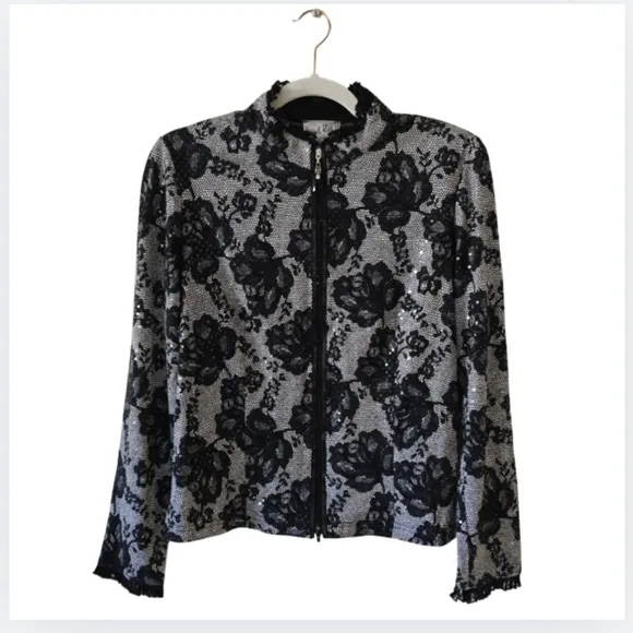 Joseph Ribkoff Jacket Size 10 Black Lace Brocade Sparkle Zip Up Blazer Top NWT