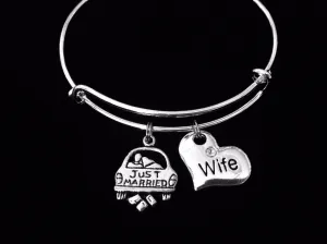 Just Married Wife Jewelry Expandable Charm Bracelet Silver Adjustable Wire Bangle Stacking One Size Fits All Gift Newlyweds