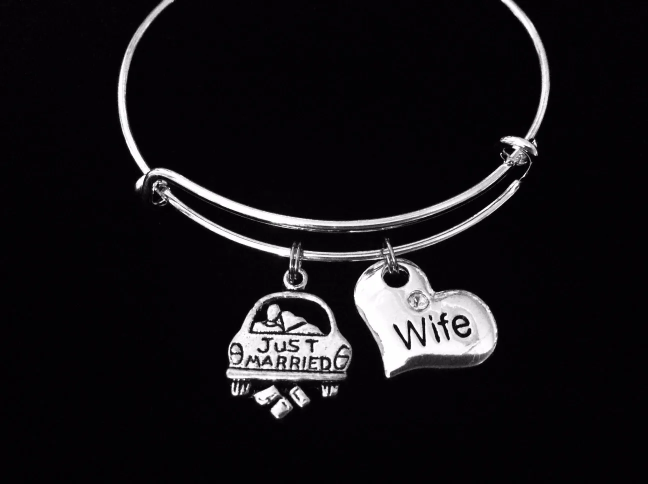 Just Married Wife Jewelry Expandable Charm Bracelet Silver Adjustable Wire Bangle Stacking One Size Fits All Gift Newlyweds