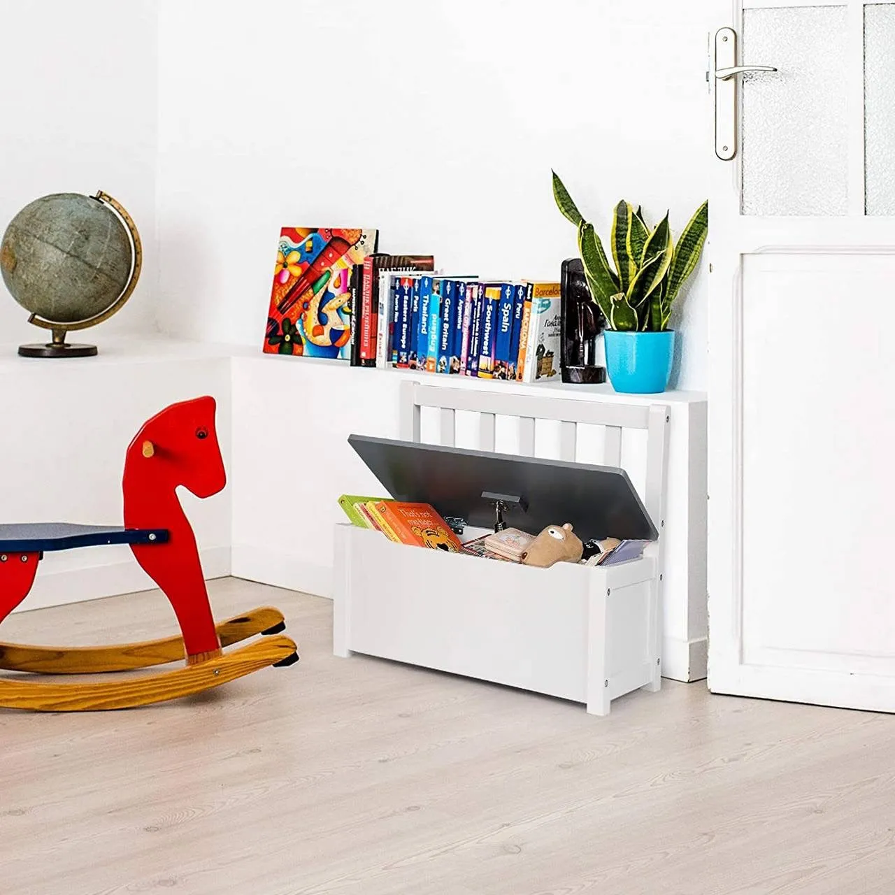 Little Helper Wooden Toy Storage Bench | Kids Toy Box | Crisp White & Charcoal Grey