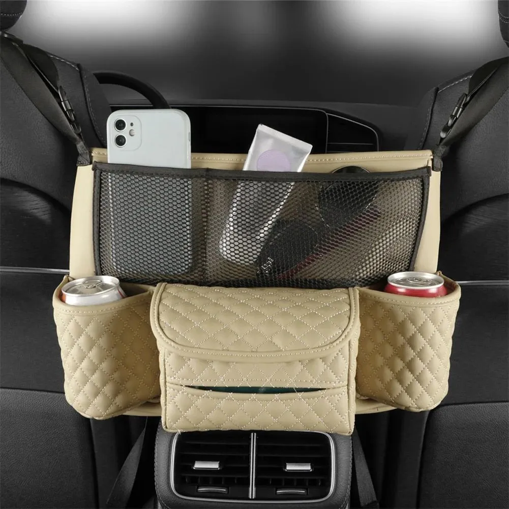 Luxurious Leather Car Seat Storage Bag with Drink Holders