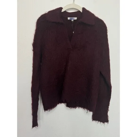 Madewell Size XXS Brushed Polo Sweater Heather Currant Fuzzy Knit Pullover NWT
