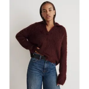 Madewell Size XXS Brushed Polo Sweater Heather Currant Fuzzy Knit Pullover NWT