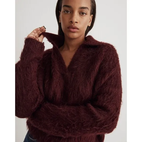Madewell Size XXS Brushed Polo Sweater Heather Currant Fuzzy Knit Pullover NWT