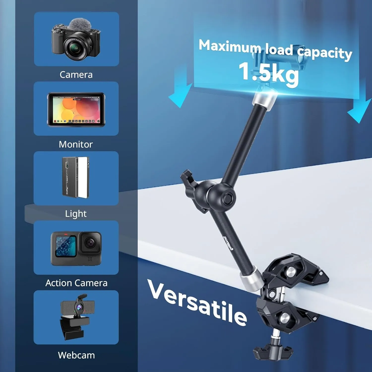 Magic Arm Clamp Kit, Camera Mount Articulating Friction Arm W Super Clamp, W 1/4"-20 Screw and Thread Hole, for Camera, Light, Monitor, Webcam or Action Camera 1.5Kg, for Table, Tube