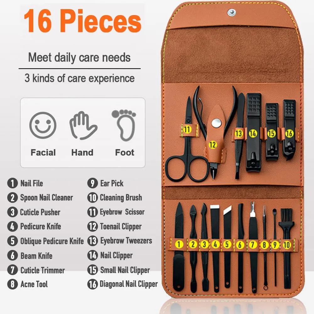 Manicure Pedicure Kit, Nail Clippers Set, Fingernail and Toenail Clipper Cutters, 16 Pieces Stainless Steel Professional Nail Care Tools with Travel Leather Case for Men Women Valentines Gift