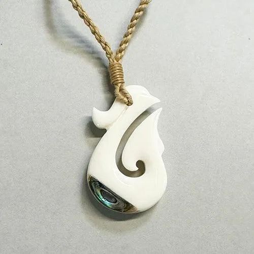 Maori Bone Hook Necklace with Paua and String Cord