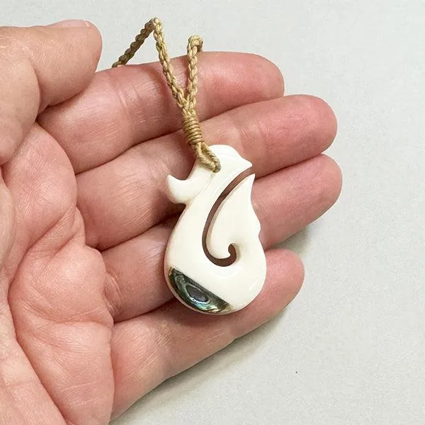 Maori Bone Hook Necklace with Paua and String Cord