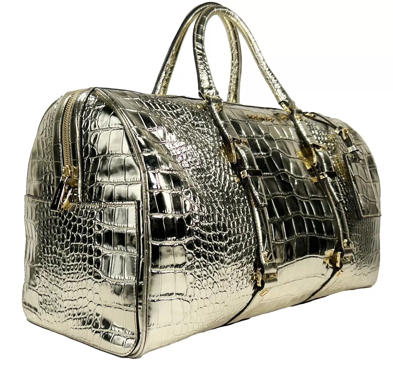 Michael Kors Bedford Travel XL Embossed Duffle Bag Weekender Gold