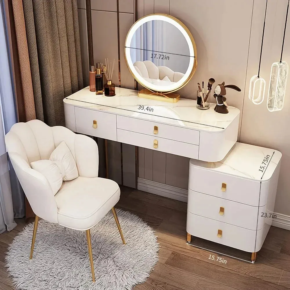 Modern Makeup Vanity with LED Mirror, 6 Drawers, Rock Slab Countertop, and Storage Chair