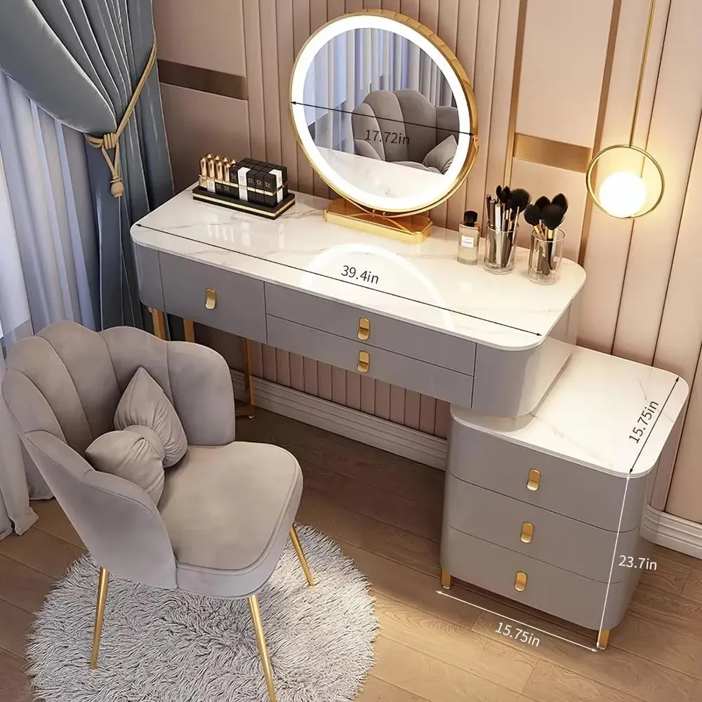Modern Makeup Vanity with LED Mirror, 6 Drawers, Rock Slab Countertop, and Storage Chair