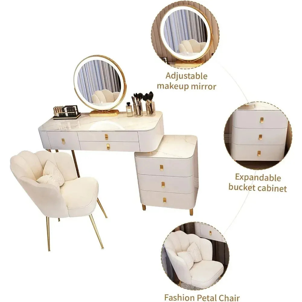 Modern Makeup Vanity with LED Mirror, 6 Drawers, Rock Slab Countertop, and Storage Chair