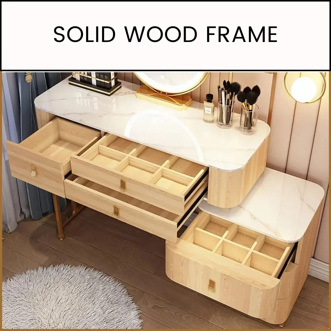 Modern Makeup Vanity with LED Mirror, 6 Drawers, Rock Slab Countertop, and Storage Chair