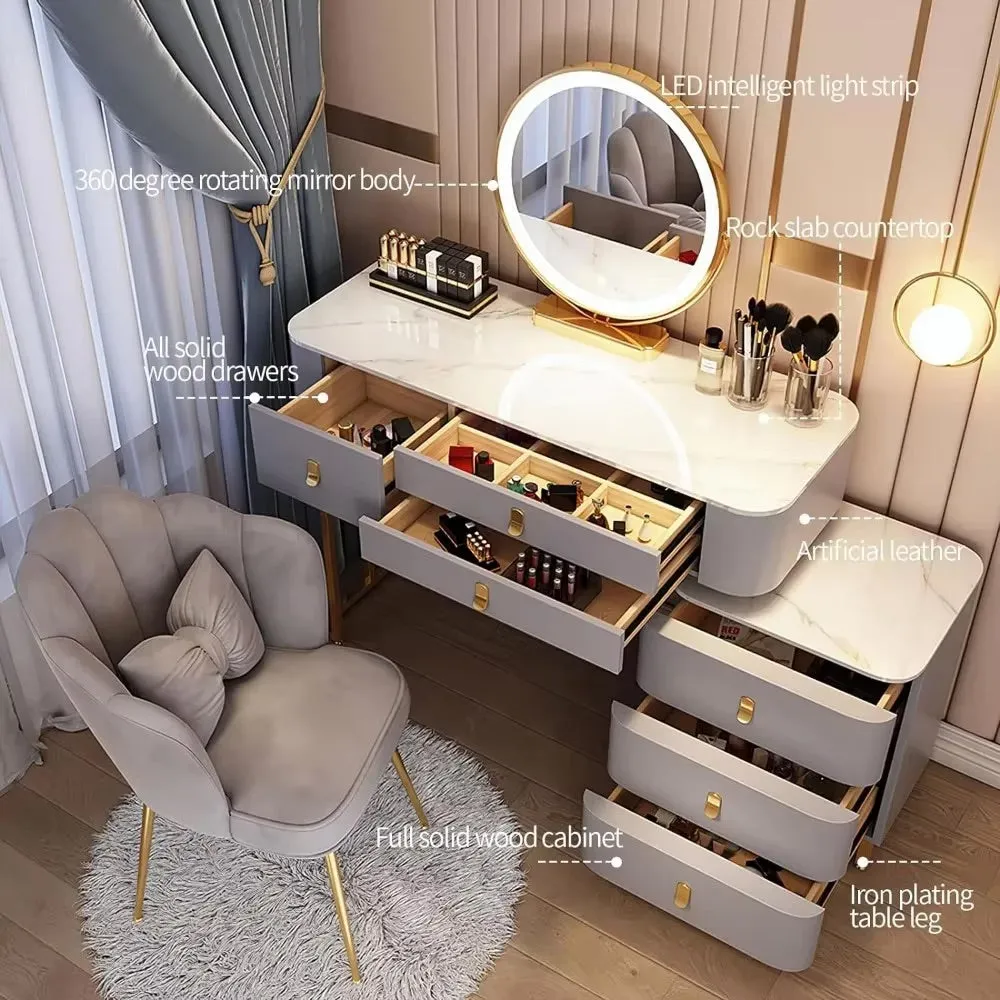 Modern Makeup Vanity with LED Mirror, 6 Drawers, Rock Slab Countertop, and Storage Chair