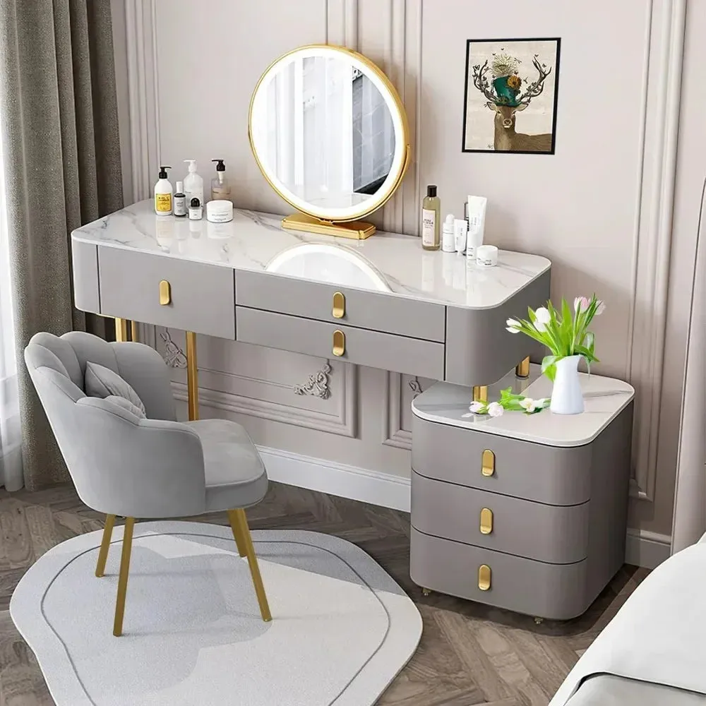 Modern Makeup Vanity with LED Mirror, 6 Drawers, Rock Slab Countertop, and Storage Chair