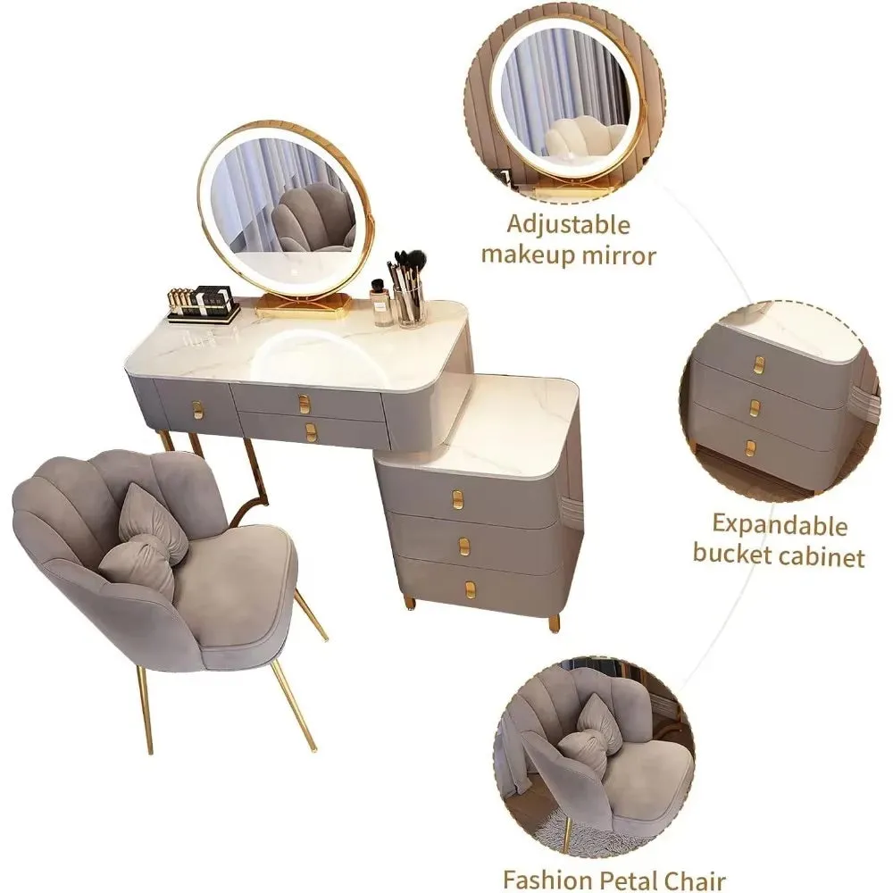 Modern Makeup Vanity with LED Mirror, 6 Drawers, Rock Slab Countertop, and Storage Chair